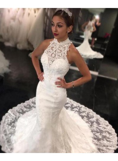 2024 New Mermaid High Neck Sweep Train Lace Wedding Dresses