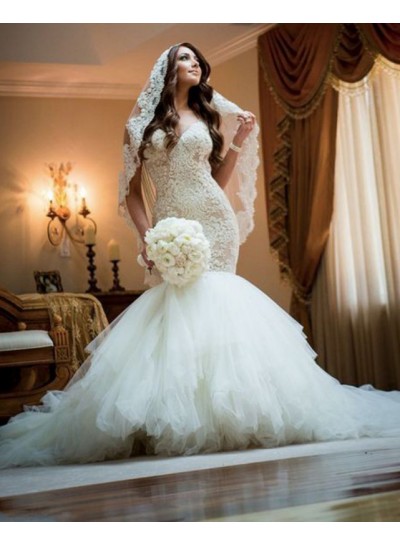 Sexy 2023 Mermaid Sweetheart Tulle With Lace Wedding Dresses
