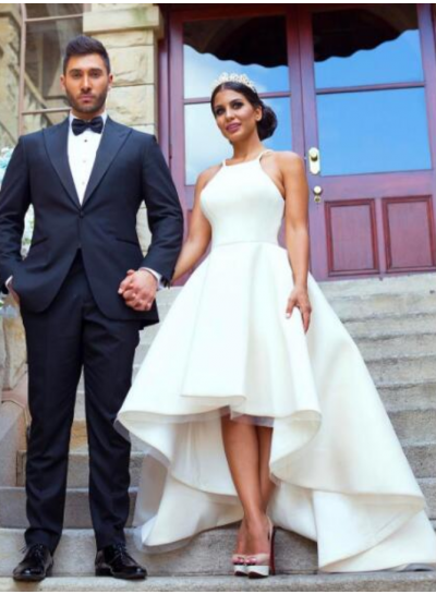 2024 A Line Satin Plain High Low Short Wedding Dresses