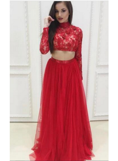 Red A-Line/Princess Long Sleeves Two Pieces Tulle Prom Dresses 2023