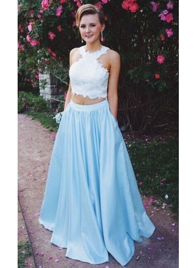 2023 New Arrival A-Line/Princess Satin Blue Two Pieces Prom Dresses