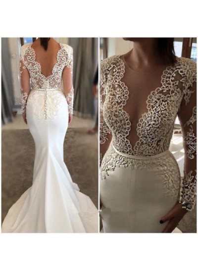 2024 Charming Mermaid Small Train Long Sleeves Lace Front Split Wedding Dresses