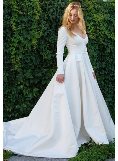 A Line Satin Long Sleeves Plain Wedding Dresses 2024
