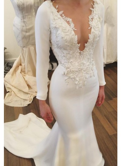 Sexy Mermaid Satin Split Front V Neck With Appliques 2023 Long Sleeves Wedding Dresses