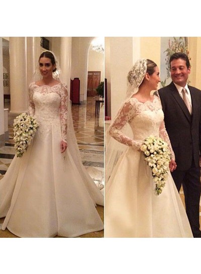 Elegant A Line Satin Scoop Neck With Long Sleeves Lace Long Wedding Gown