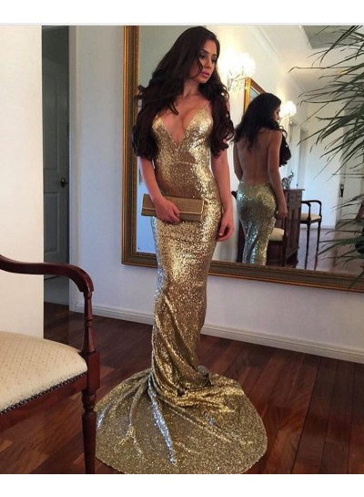 2023 Sexy Mermaid/Trumpet Sweetheart Sequence Backless Prom Dresses