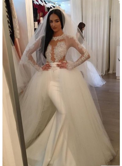 2024 Sexy Satin Long Sleeves Wedding Dresses With Detachable Tulle Train