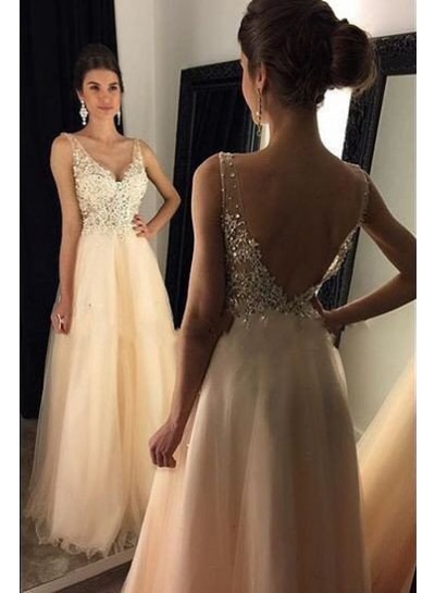 V-Neck Backless Beading A-Line/Princess Tulle Champagne Prom Dresses