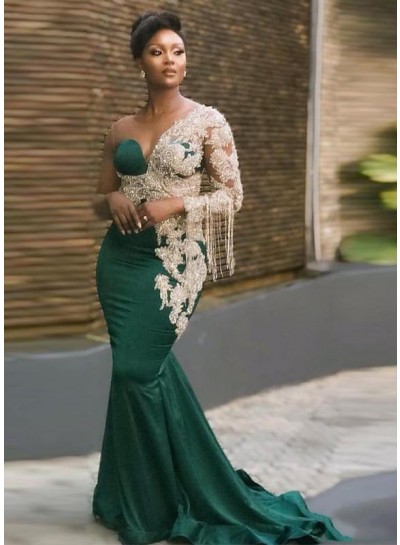 One Shoulder Sheath Beaded Satin Emerald Green Long Prom Dresses