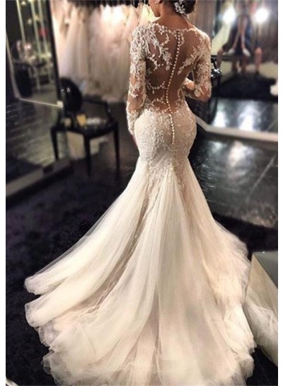 Tulle Sweep Train Trumpet/Mermaid Long Sleeve V-Neck Covered Button Wedding Dresses / Gowns With Appliqued