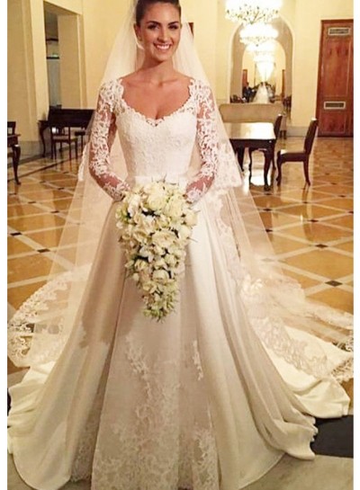 Satin Court Train A-Line/Princess Long Sleeve Bateau Covered Button Wedding Dresses / Gowns With Appliqued
