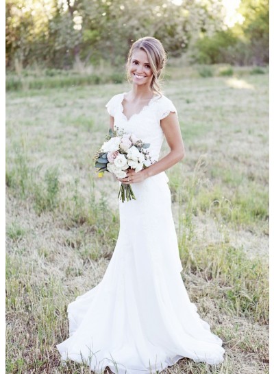 Chiffon Sweep Train Sheath/Column Sleeveless V-Neck Covered Button Wedding Dresses / Gowns With Appliqued