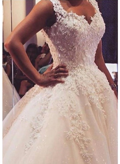 Tulle Sweep Train Ball Gown Sleeveless Sweetheart Covered Button Wedding Dresses / Gowns With Beaded