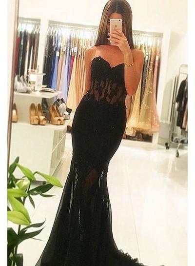 2023 Junoesque Black Sexy Sweetheart Sweep Train Mermaid/Trumpet Tulle Prom Dresses