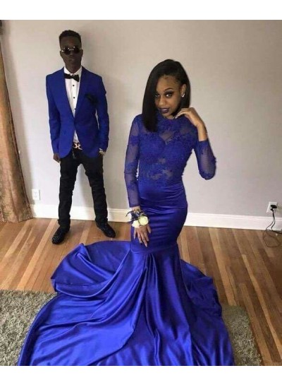 2024 Royal Blue Long Sleeves Mermaid Satin Prom Dresses