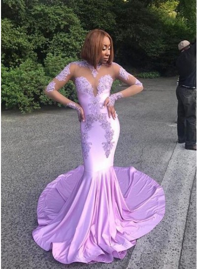 2023 Sexy Long Sleeves Lace Mermaid Lilac Prom Dresses