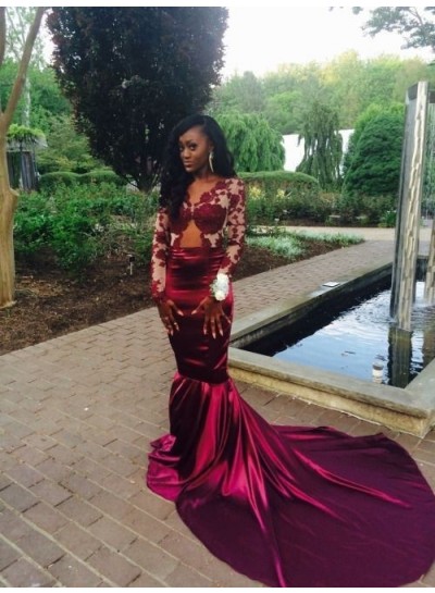 2023 Burgundy Long Sleeves Mermaid Prom Dresses