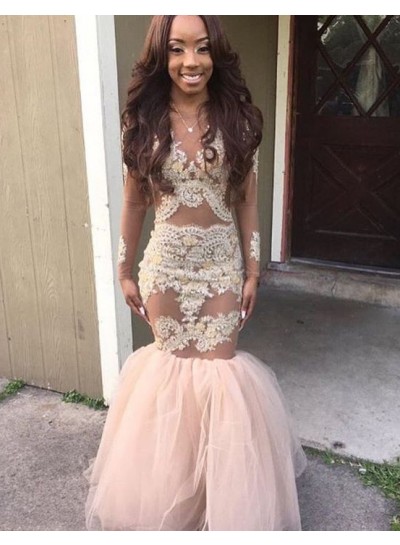 2024 Champagne Appliques Long Sleeves Tulle Mermaid Prom Dresses