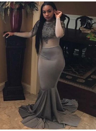 2024 Silver Long Sleeves Mermaid Prom Dresses