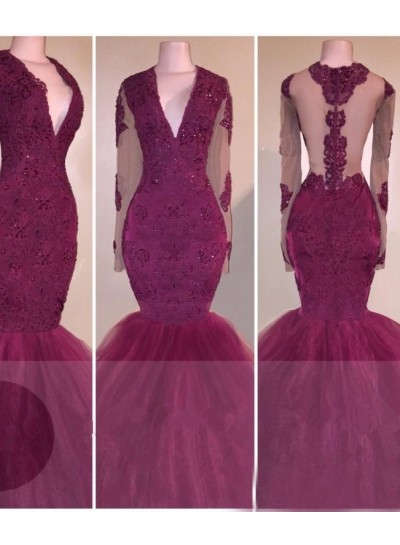 2023 Long Sleeves V-neck Appliques Burgundy Prom Dresses