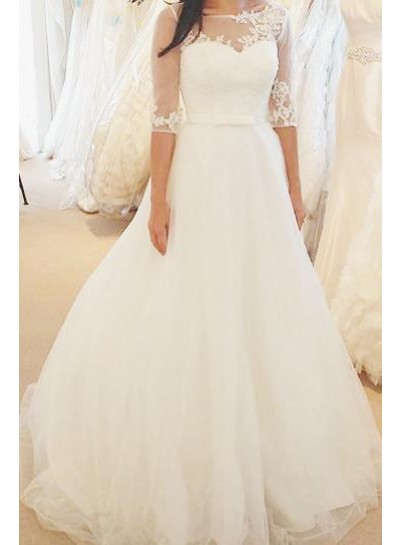 2023 Elegant A Line Half Sleeves Tulle Wedding Dresses
