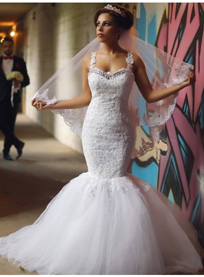2024 Sexy Mermaid Sweetheart Tulle With Appliques Beaded Wedding Dresses