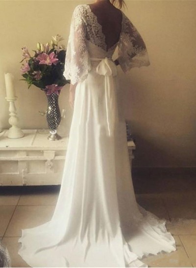 2024 A Line V Neck Lace Sleeves Back Bowknot Wedding Dresses