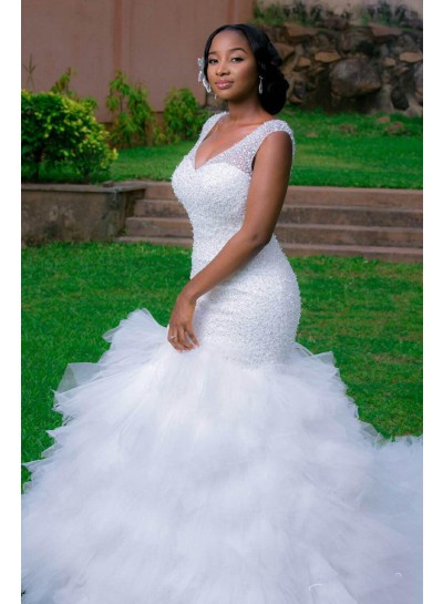 2024 New Arrival Mermaid Sweetheart Layers Tulle Ruffles Beaded Wedding Dresses
