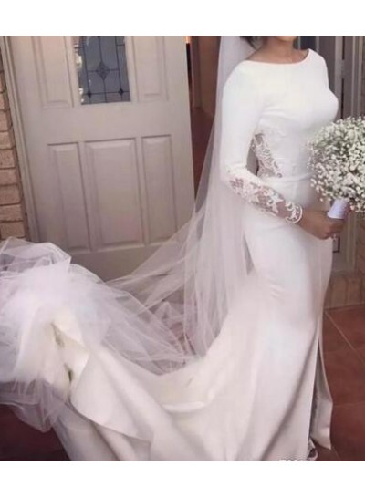 Elegant Scoop Satin Long Sleeves 2024 Backless Wedding Dresses