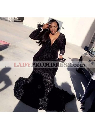 2023 New Arrival Long Sleeve Mermaid Velvet Black V-neck Prom Dresses