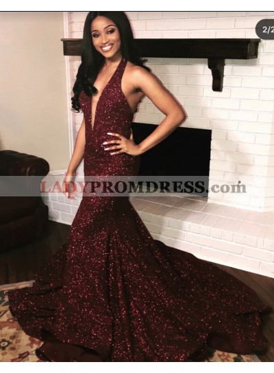 Sexy Deep V Neck Shiny Burgundy Backless Sequence Prom Dresses 2023