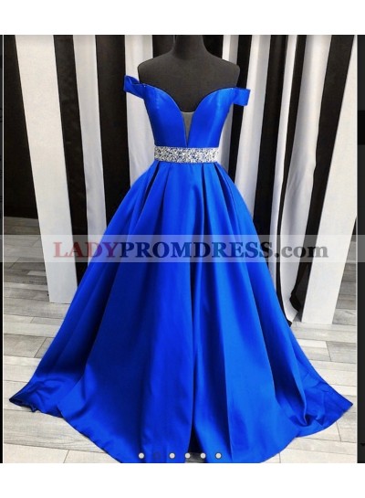 2023 Off The Shoulder Beading Sweetheart Ball Gown Royal Blue Satin Prom Dresses