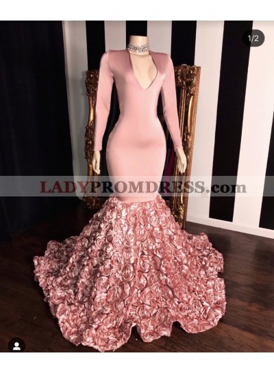 2023 Long Sleeve Dusty Rose V-neck Mermaid Prom Dresses
