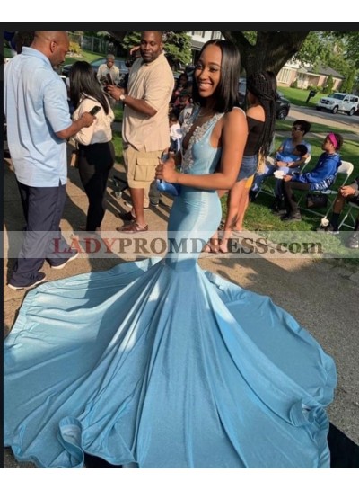2023 Gorgeous Mermaid/Trumpet V Neck Applique Beaded Prom Dresses