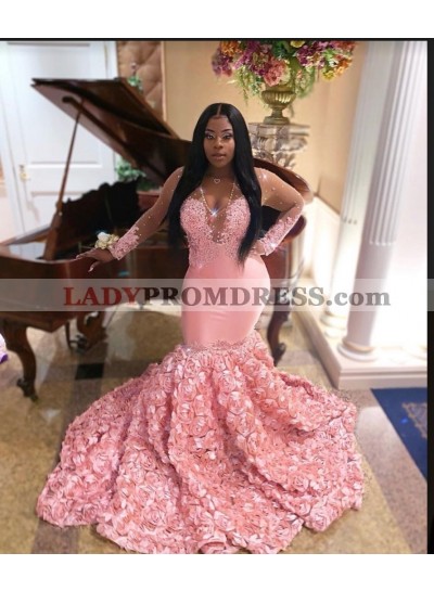 2023 V Neck Long Sleeve Pink Mermaid Prom Dresses