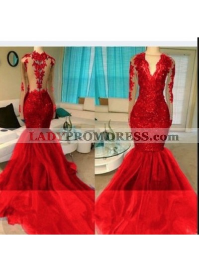 2022 Red Appliques Long Sleeve V-neck Prom Dresses