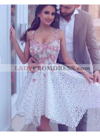 A-Line Straps Asymmetrical Ivory Lace Homecoming Dress 2023 with Appliques