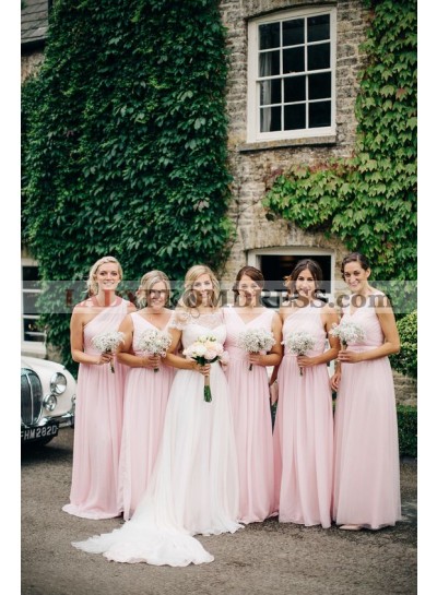 Cheap Chiffon A Line Pearl Pink Long Bridesmaid Dresses