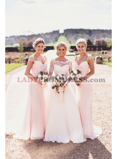 Newly A Line Chiffon Blushing Pink Capped Sleeves Bridesmaid Dresses