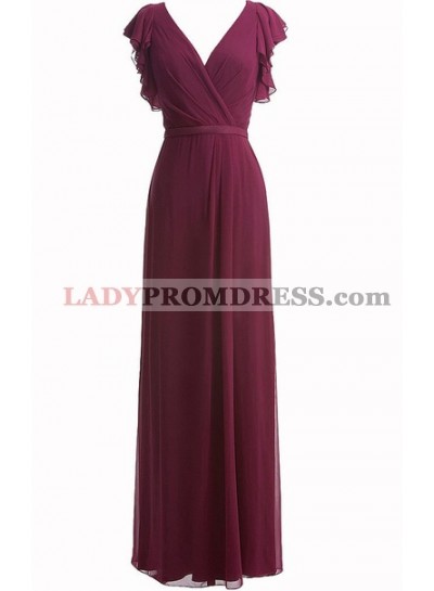 Burgundy A Line Beautiful V Neck Floor Length Chiffon Bridesmaid Gowns / Dresses