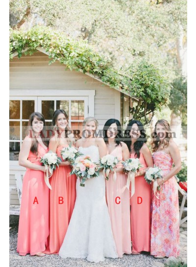 2023 Cheap A Line Chiffon Water Melon Long Bridesmaid Dresses / Gowns
