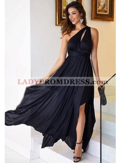 Dark Navy One Shoulder Side Slit Chiffon Prom Dresses Cheap