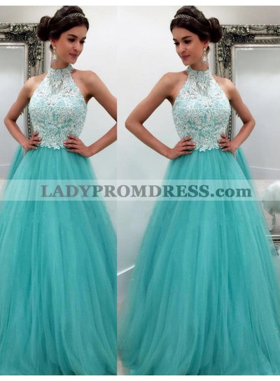 LadyPromDress 2023 Blue High Neck Appliques Floor-Length/Long A-Line/Princess Tulle Prom Dresses
