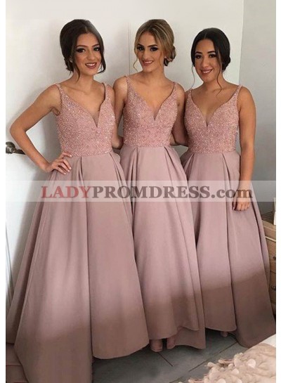 Satin Sweep Train A-Line/Princess Sleeveless V-Neck Bridesmaid Dresses / Gowns With Sequins