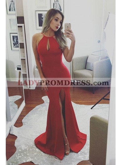 2023 Sexy Mermaid/Trumpet Red Satin Side Slit Prom Dresses