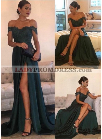 2022 Siren Princess/A-Line Satin Off The Shoulder Side Slit Dark Green Prom Dresses