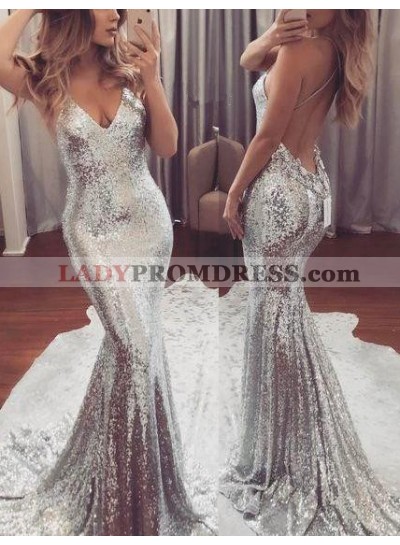 2022 Sexy Silver Sequence Mermaid/Trumpet Backless Prom Dresses