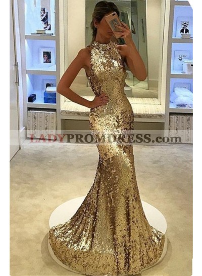 2023 Siren Mermaid/Trumpet Gold Sequence Prom Dresses