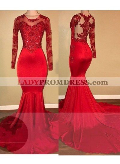 Red Dresss 2023 Mermaid Prom Dresses Satin Scoop Neck