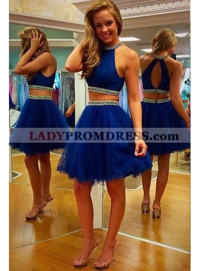LadyPromDress 2023 Blue Elegant Beading Halter Tulle Two Pieces Prom Dresses